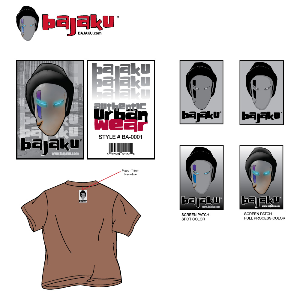 Bajaku apparel program sheet: hangtag, neck label with style number and barcode, garment placement diagram, and screen patch artwork in spot color and full process color