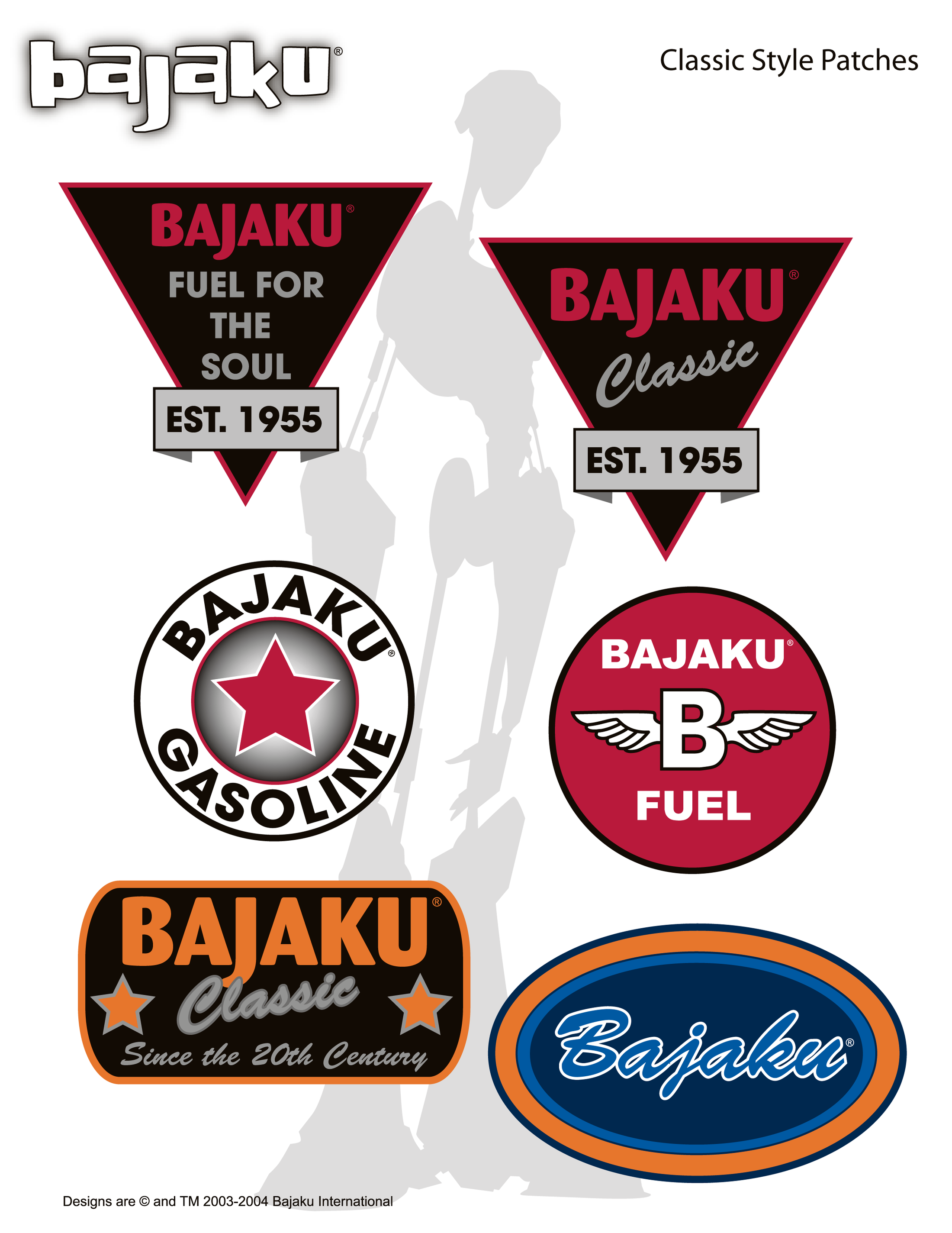 Sheet of six Bajaku Classic patch designs in a mid-century fuel and service station idiom