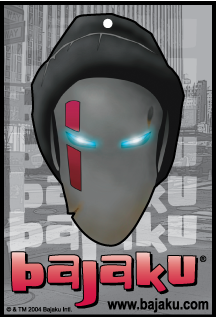 Bajaku hangtag showing the mask character with glowing eyes over a tiled wordmark background