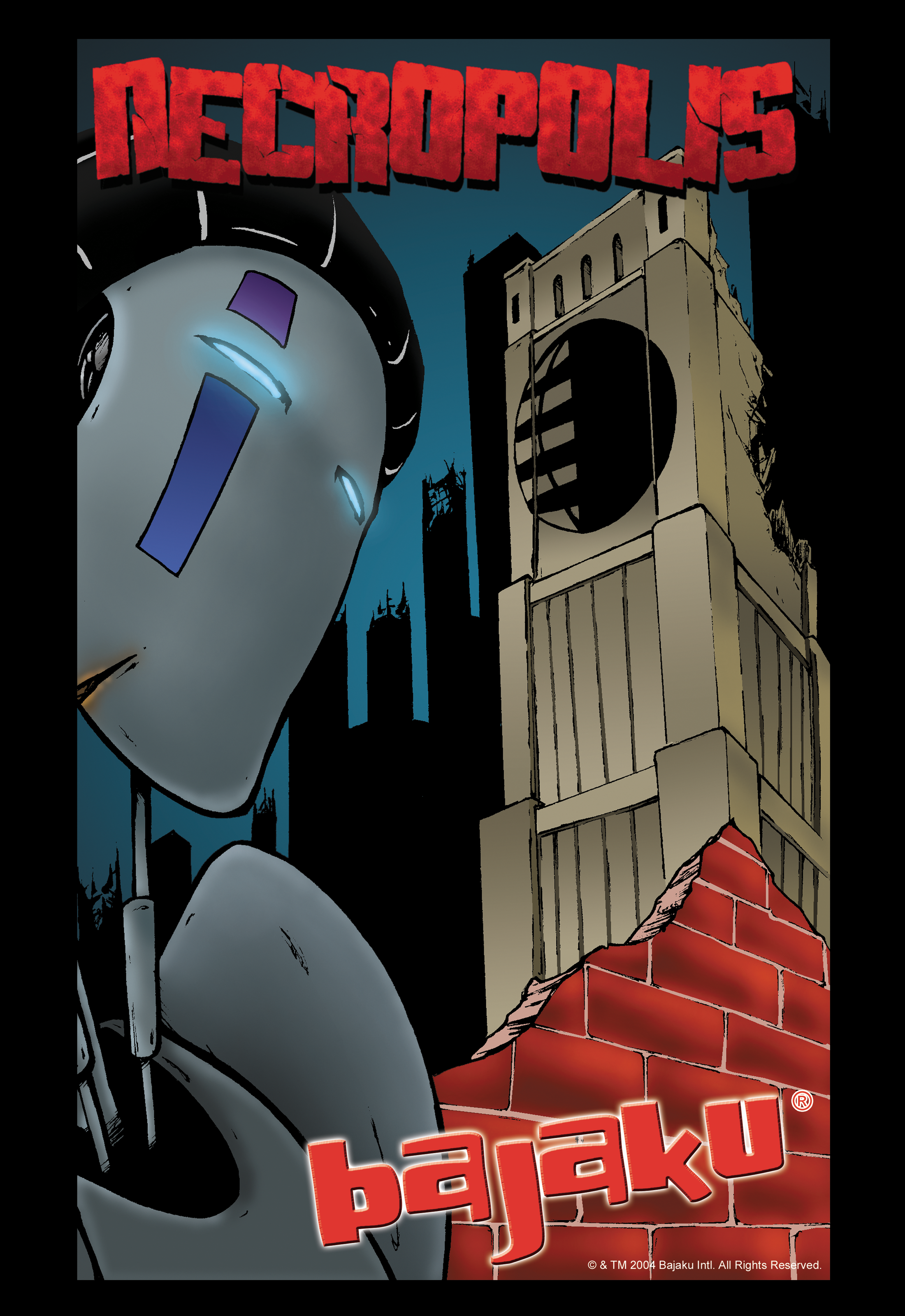 Necropolis cover art: the Bajaku mask character in the foreground against a ruined clock tower and night skyline