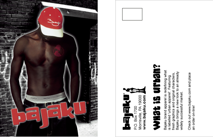 Bajaku direct mail postcard, front and back: a model in a branded cap and tee against a brick wall, and the What Is Urban headline with an order message