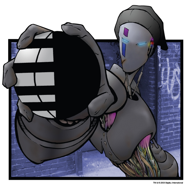 Full color Bajaku character illustration: a figure in a hooded coat holding a large disc against a graffitied brick wall